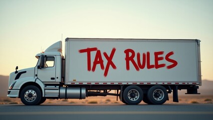 Rugged white semitruck with new tax rules inscription