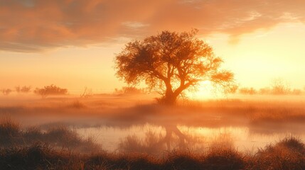 Golden sunrise over misty field with silhouetted tree