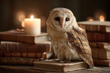 Obraz premium Barn Owl Perched on Aged Books with Candlelight, Symbolizing Knowledge and Wisdom