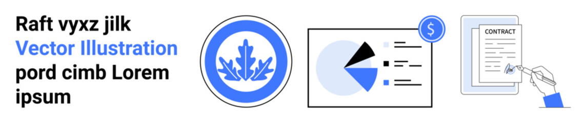 Circular business emblem, pie chart with data points, dollar sign, and hand signing a contract. Ideal for financial services, data analysis, business agreements, presentations, strategy corporate