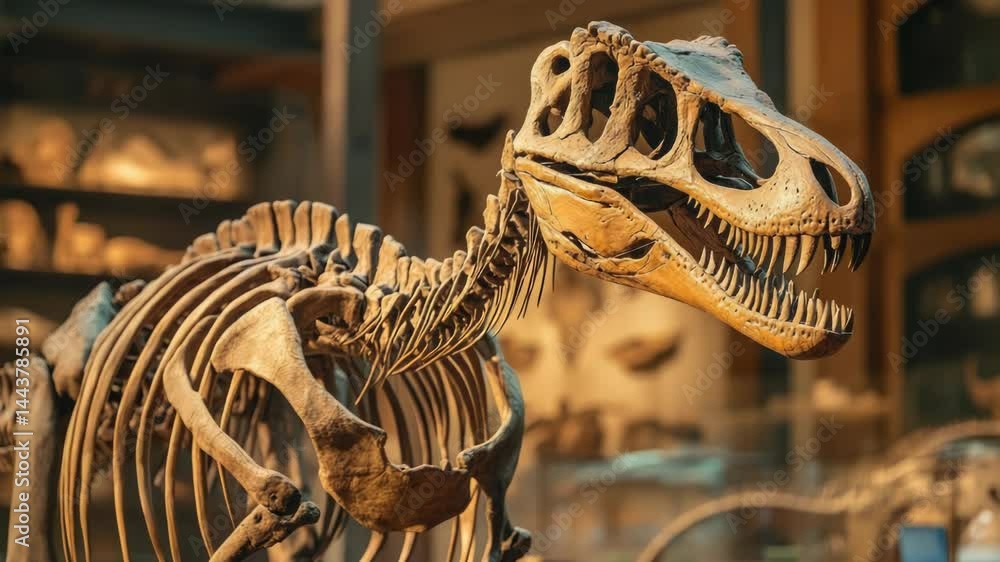 Poster a close-up view of a dinosaur skeleton on display in a museum exhibit