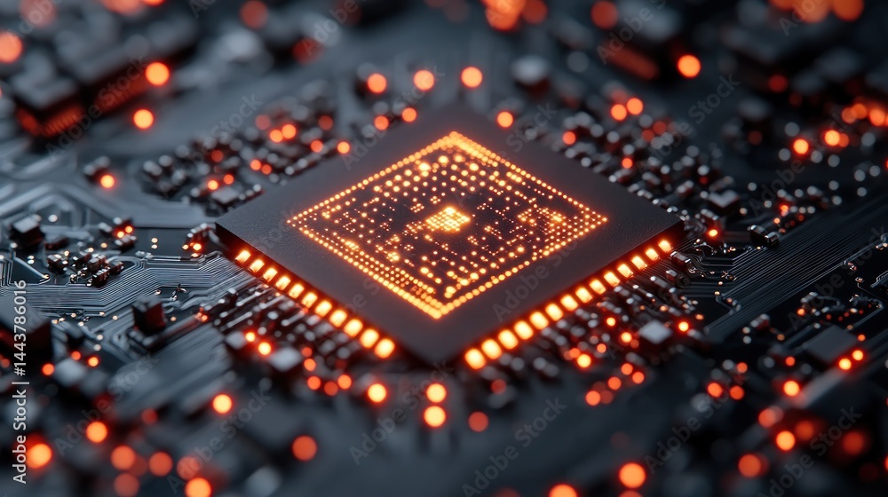 Poster illuminated microchip: a close-up of a modern central processing unit