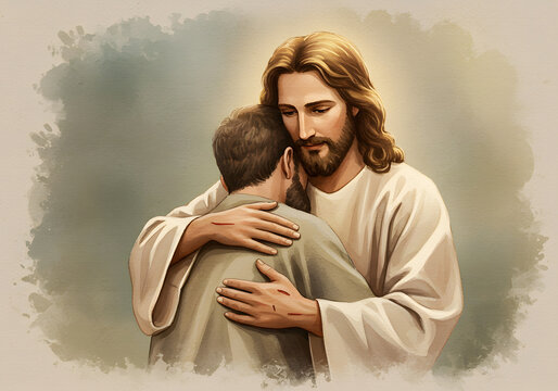 Naklejki Jesus Christ Hugging a Person Compassion, Comfort, Christian Faith, Love and Support.