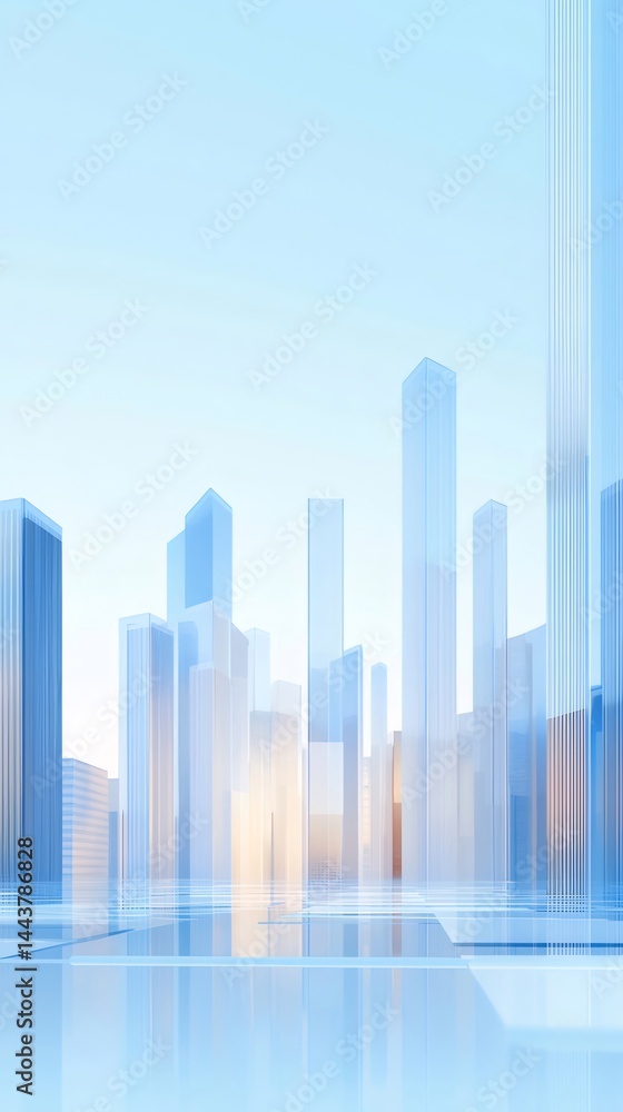 Poster 透明感のある青い未来都市 高層ビル群のデジタル3dイラスト 背景に柔らかな光が差し込む建築デザイン