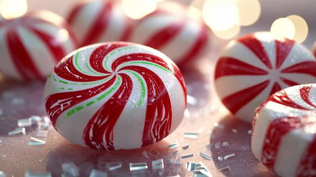 Round peppermint candies with red, white, and green swirls rest on a surface, surrounded by small shiny pieces. The background is softly lit with bokeh effects.