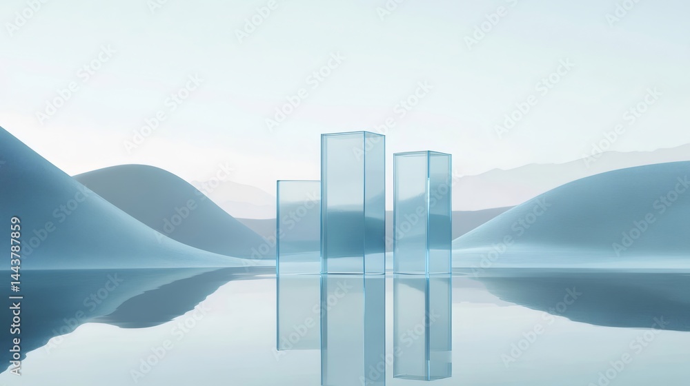 Aufkleber 水面に反射する透明なガラス構造物の抽象的な風景 透明感のある青色で表現されたミニマルなアート作品