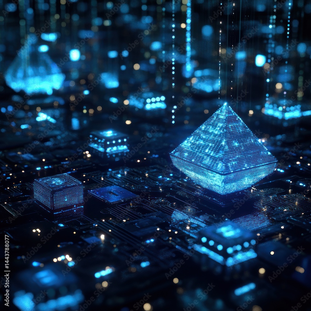 Poster futuristic circuit board with pyramids, data transfer, abstract design, background bokeh for technol