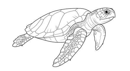 Detailed line art illustration of a sea turtle swimming gracefully in the ocean for educational or creative projects