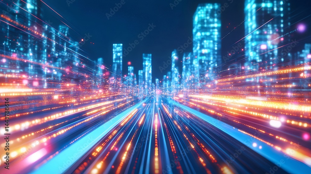 Aufkleber 未来都市の夜景 鮮やかな青とオレンジの光が走るデジタルストリート背景にそびえ立つ高層ビル群