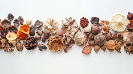 Obraz premium Dried fruit, white backdrop.