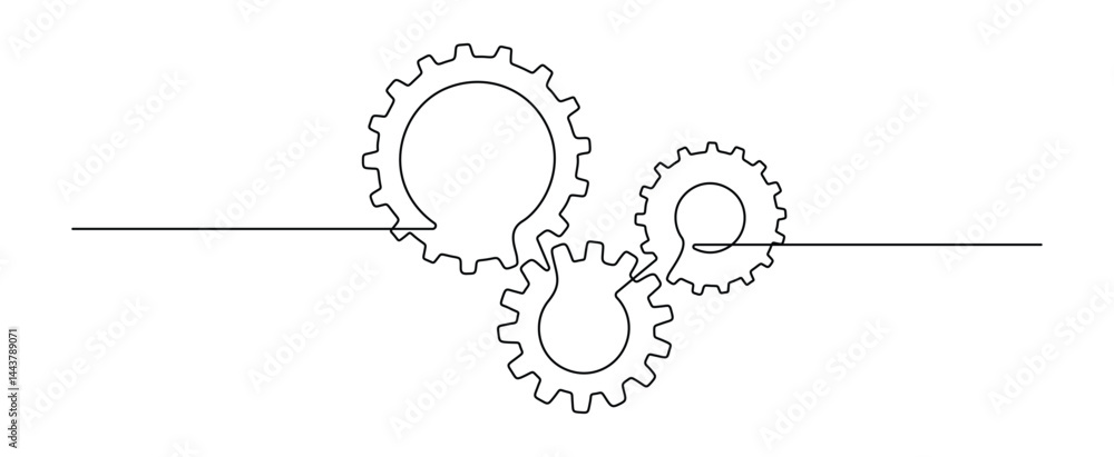 Poster Gears wheels in one continuous line drawing. Three cogwheels in simple linear style. Symbol of teamwork and development in editable stroke. Minimalistic vector illustration