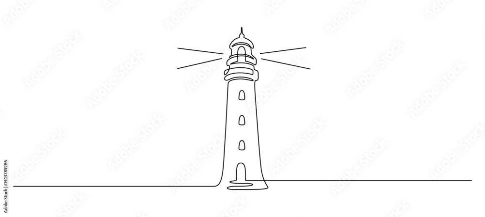 Poster lighthouse tower in one continuous line drawing. light house with beams of light shining in all dire