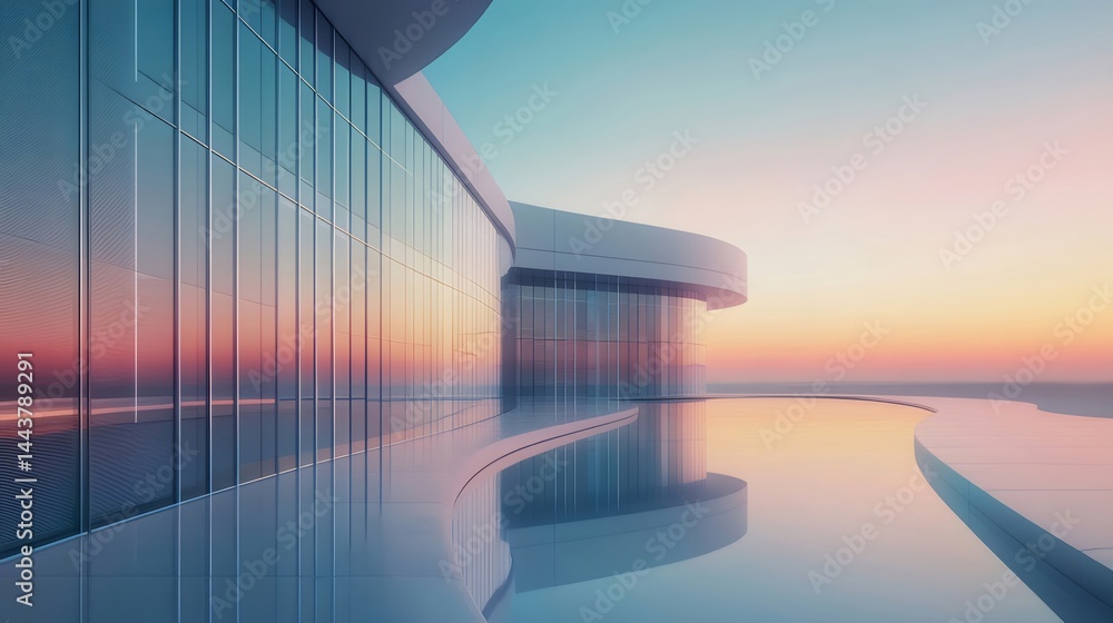 Poster モダン建築物と水面の夕焼け 空と反射が織りなす洗練されたデザイン 屋外のパノラマビュー
