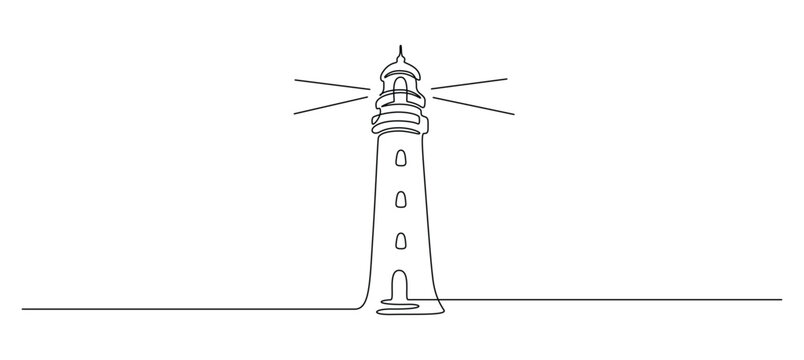 Lighthouse tower in one continuous line drawing. Light house with beams of light shining in all directions in simple linear style. Sea coast in Editable stroke. Contour vector illustration