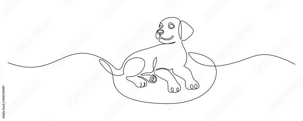 Poster playful puppy in one continuous line drawing. friendly dog in simple linear style. symbol of cute an