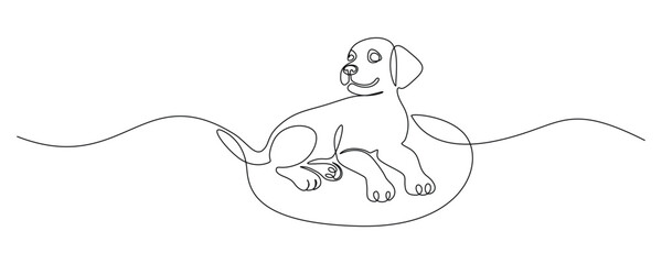 Playful puppy in one continuous line drawing. Friendly dog in simple linear style. Symbol of cute animal for pet shop card and banner in editable stroke. Doodle vector illustration