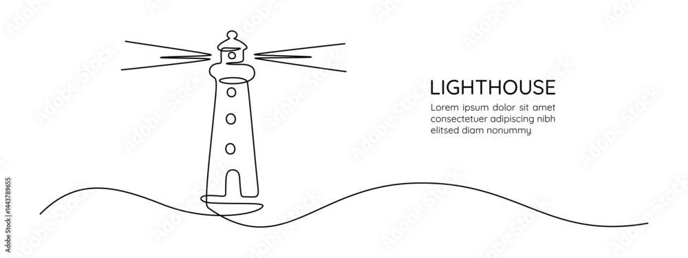 Poster lighthouse tower in one continuous line drawing. light house with beams of light shining in all dire