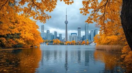 Autumnal cityscape reflected in calm water