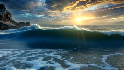 Waves crashing against rocky shores at sunset, capturing nature's beauty and power in a tranquil moment of evening serenity Generative AI - Powered by Adobe