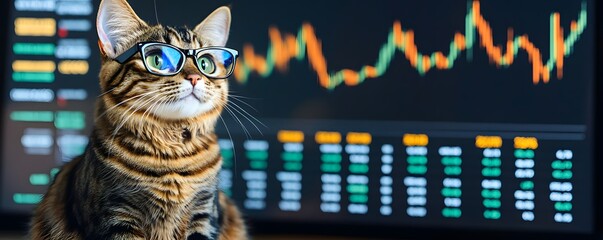 Cat wearing glasses stares at stock market chart screen