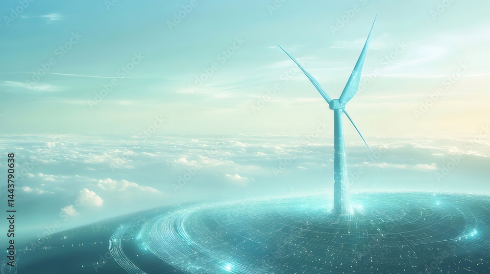 Aufkleber 青い空の下 風力発電タービンがそびえ立つ風景 広大な雲海と未来的な都市のエネルギー源の視覚的表現