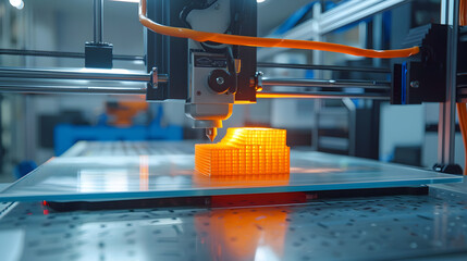 A close up of a d printer creating a yellow object on a glass platform in a bright environment