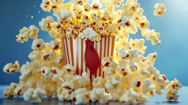 A striped popcorn bucket with a red tie overflows with popcorn against a gradient blue background, creating a playful scene that contrasts food and fashion elements.