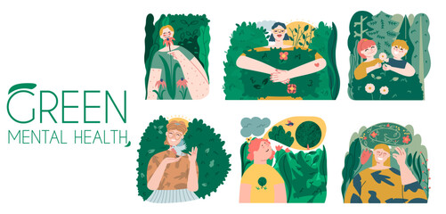 Fototapeta premium Different people adults and children spend time in nature. Concept of health and mental health. Set of characters spending time in forests and parks