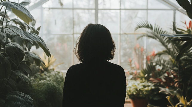 Silhouette of a person inside a foggy greenhouse