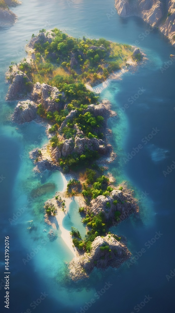 Aufkleber 青い海に浮かぶ緑豊かな島 太陽光が降り注ぐ美しい風景 水面が輝く透明な海辺 穏やかな自然環境