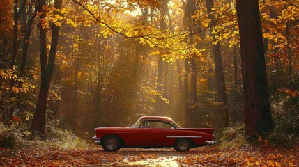 Autumnal forest scene with vintage car