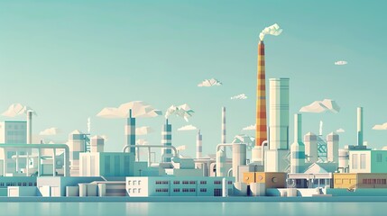 Obraz premium Stylized minimalist illustration of an industrial factory complex with smokestacks against a clean pastel blue sky. Represents industry or manufacturing. 