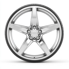 Shiny five spoke car wheel with tire isolated on white background