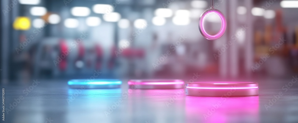 Poster three tier product display platforms with glowing elements futuristic concept