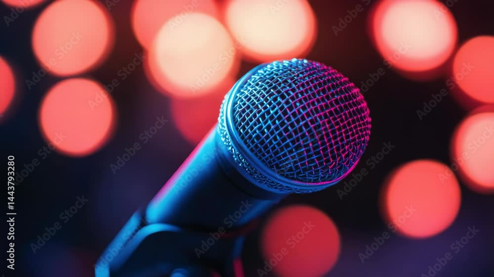 Poster a microphone on a stand in front of colorful lights, great for music performances or presentations