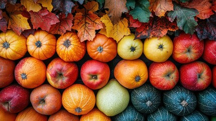 Autumnal fruit and vegetable display.  Colorful arrangement of pumpkins, apples, and squashes, with autumn leaves at the top