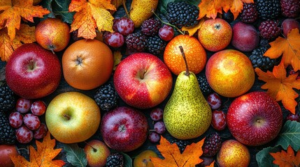 Autumnal fruit and leaves arrangement.  A colorful display of fresh fall fruits like apples, pears, oranges, plums, and berries, surrounded by vibrant autumn leaves.  A healthy and seasonal harvest
