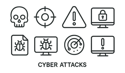 Line style icons of cyber attacks: skull icon, crosshair target, warning triangle, ransomware, infected file, attack monitor, threat radar, cyber alert.