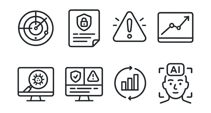 Line style icons of threat monitoring: radar screen, security log, incident alert, risk chart, system scan, threat dashboard, activity tracker, AI detection.