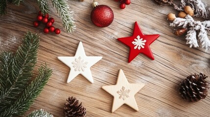 Fototapeta premium Xmas card, wood, New Year concept, copy space, flat lay, top.