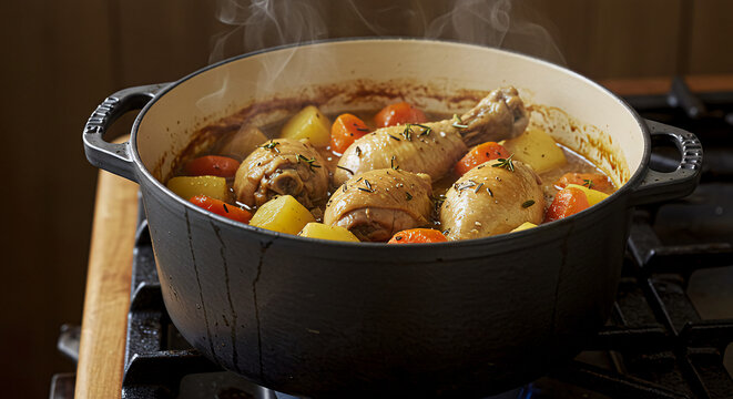 Hearty chicken stew with potatoes and carrots, steam rising, rich colors in a rustic pot on a stove.

