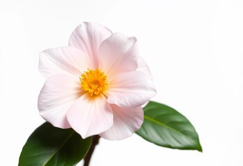 A single, perfectly formed camellia blossom, pristine white background, flora, white