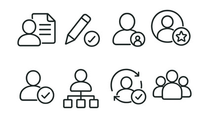 Line style icons of user permissions: read access, write access, role-based icon, permission gear, grant icon, access hierarchy, approval flow, user group.