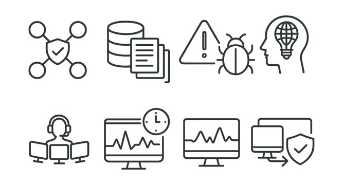 Line style icons of SIEM systems: event correlation, log collector, dashboard icon, security alert, threat intelligence, SOC icon, real-time monitor, incident response.