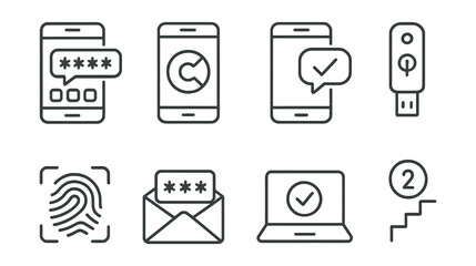 Line style icons of MFA methods: SMS code, authenticator app, push approval, hardware key, biometric factor, email code, trusted device, second step.