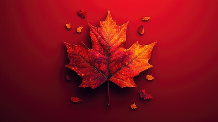 Autumnal maple leaf on red backdrop