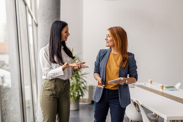 Two female coworkers standing at corporate office and discussing project.