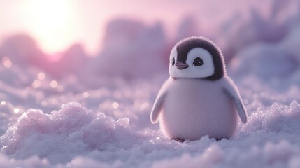 Cute, fluffy penguin chick in snowy landscape