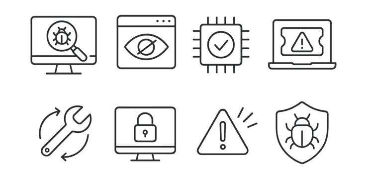 Line style icons of rootkit protection: system scan, hidden process, kernel check, bootloader alert, removal tool, secure boot, detection alert, rootkit shield.