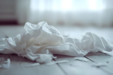 Dirty tissues scattered on the bedroom floor, spoiling what should be a calm and orderly space